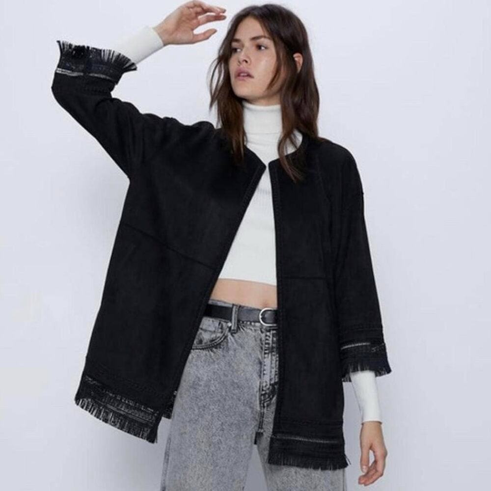 ZARA Faux Suede Fringe Trim Boho Long Jacket in Black